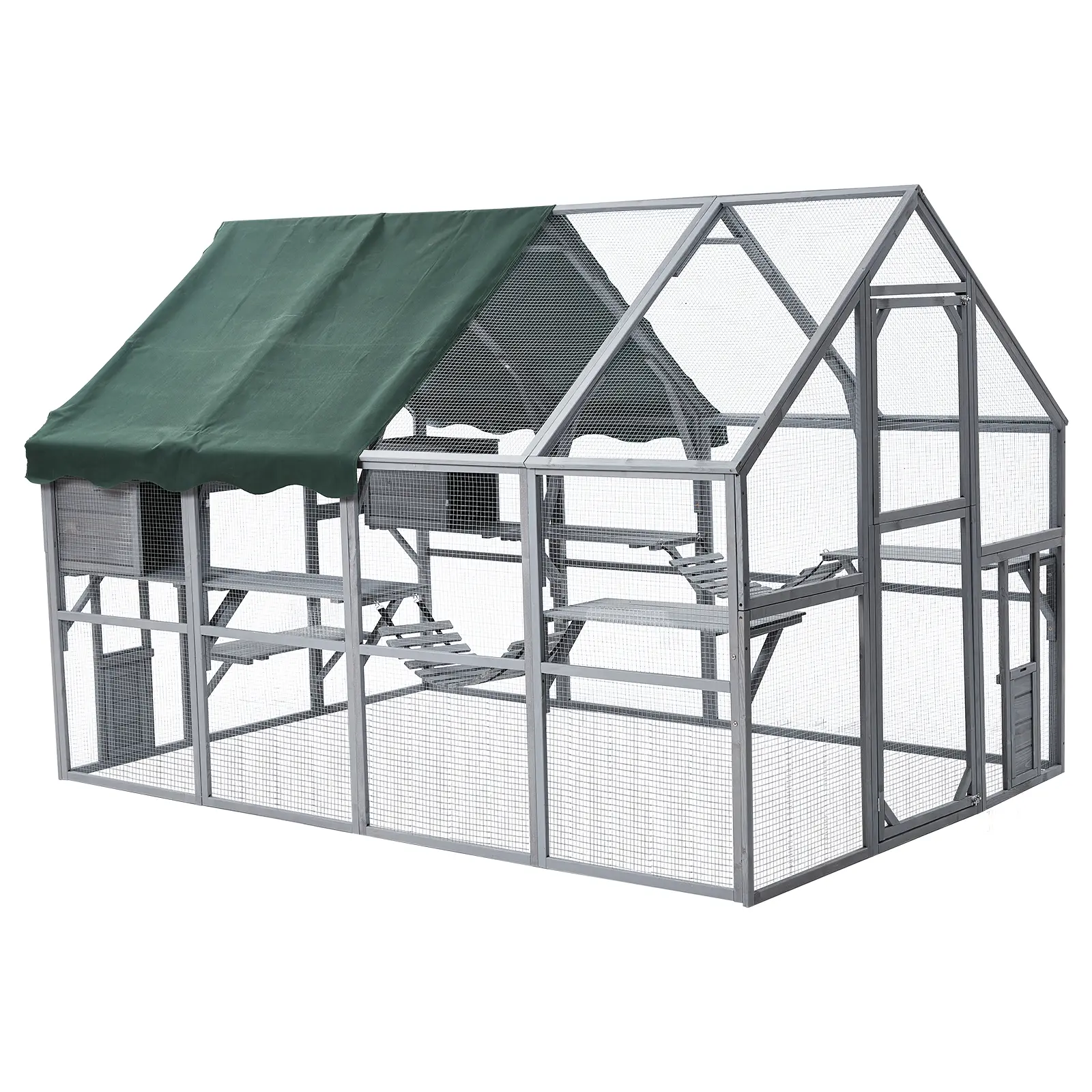 Large Outdoor Catio 110" – Walk-in Wooden Cat House with Waterproof Roof, Lockable Doors, Multiple Play Platforms & Rest Boxes – Safe Backyard Enclosure for Cats
