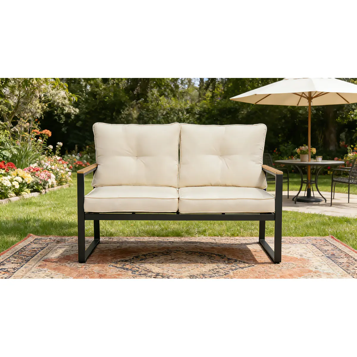 Outdoor Patio Furniture Loveseat Sofa, All-Weather Metal Steel Patio Couch for Balcony, Porch, Backyard With Beige Cushion