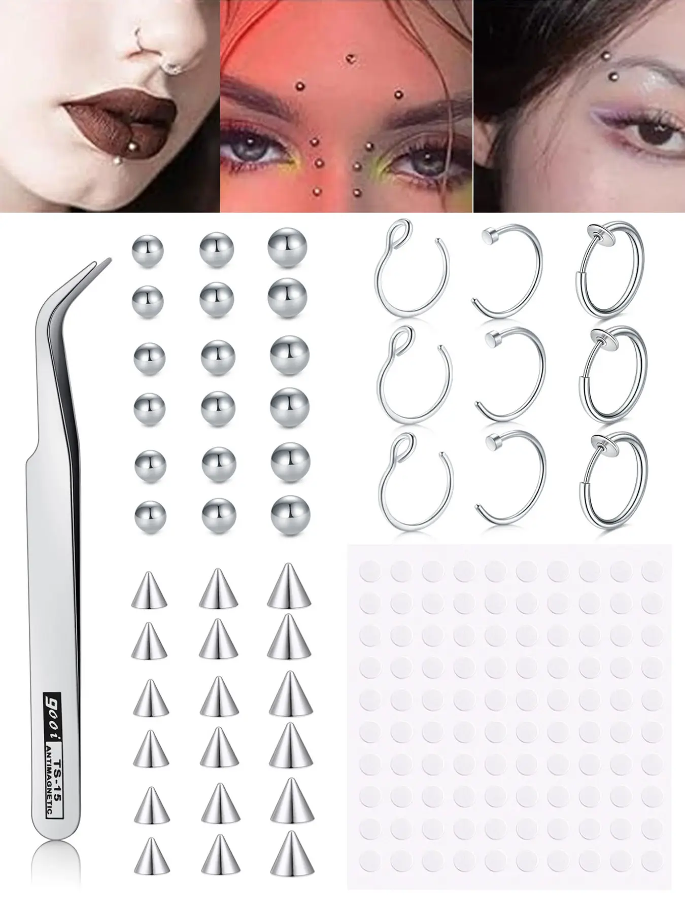 47Pcs/Set Fake Eyebrow Ring Fake Lip Labret Studs Replacement Balls Spike with 100pcs Sticker Non-Piercing Body Jewelry Fake Piercings Fake Skin Piercing
