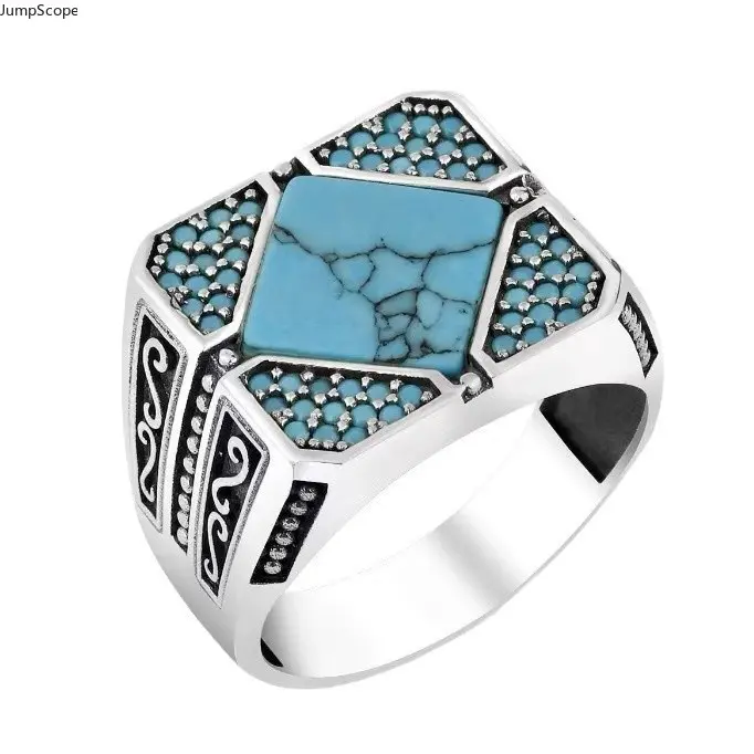 Male Square Matrix Turquoise Signet Ring - Polished Silver Wide Band, Multi-Panel Micro Pave, Tribal Scroll Engraved for Daily Street Wear, Micro Pave Turquoise, Inlay, Western Look