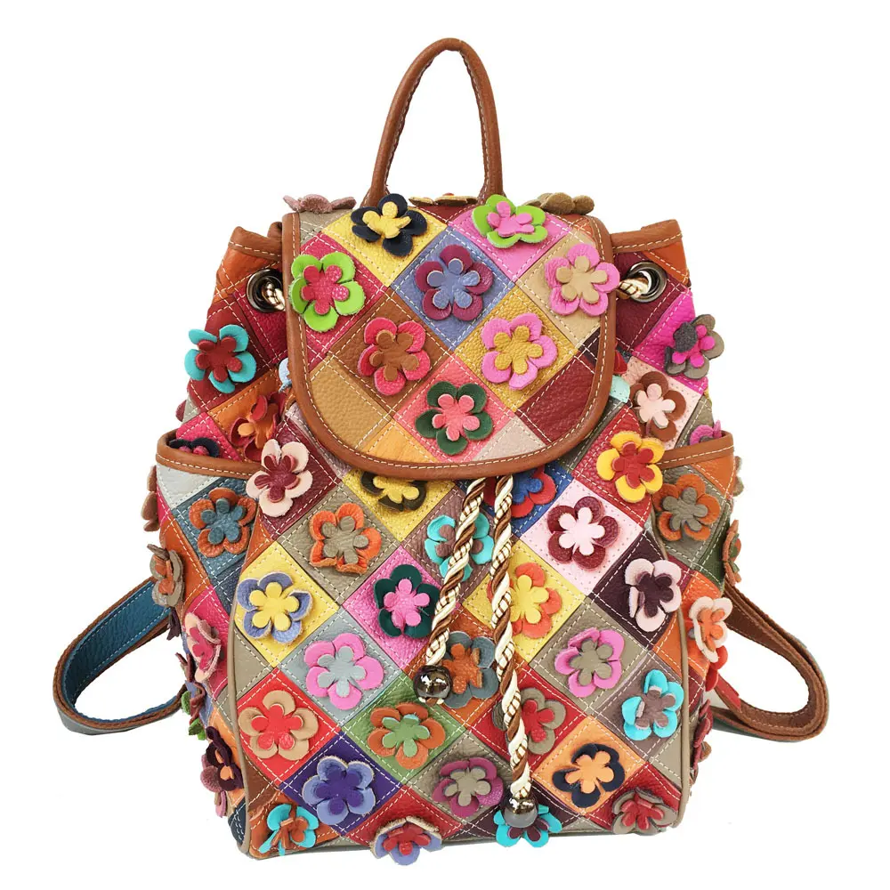 Women's Genuine Leather Bag Colorful Backpack Cowhide Stitching Backpack Handmade Flower Genuine Leather Backpack