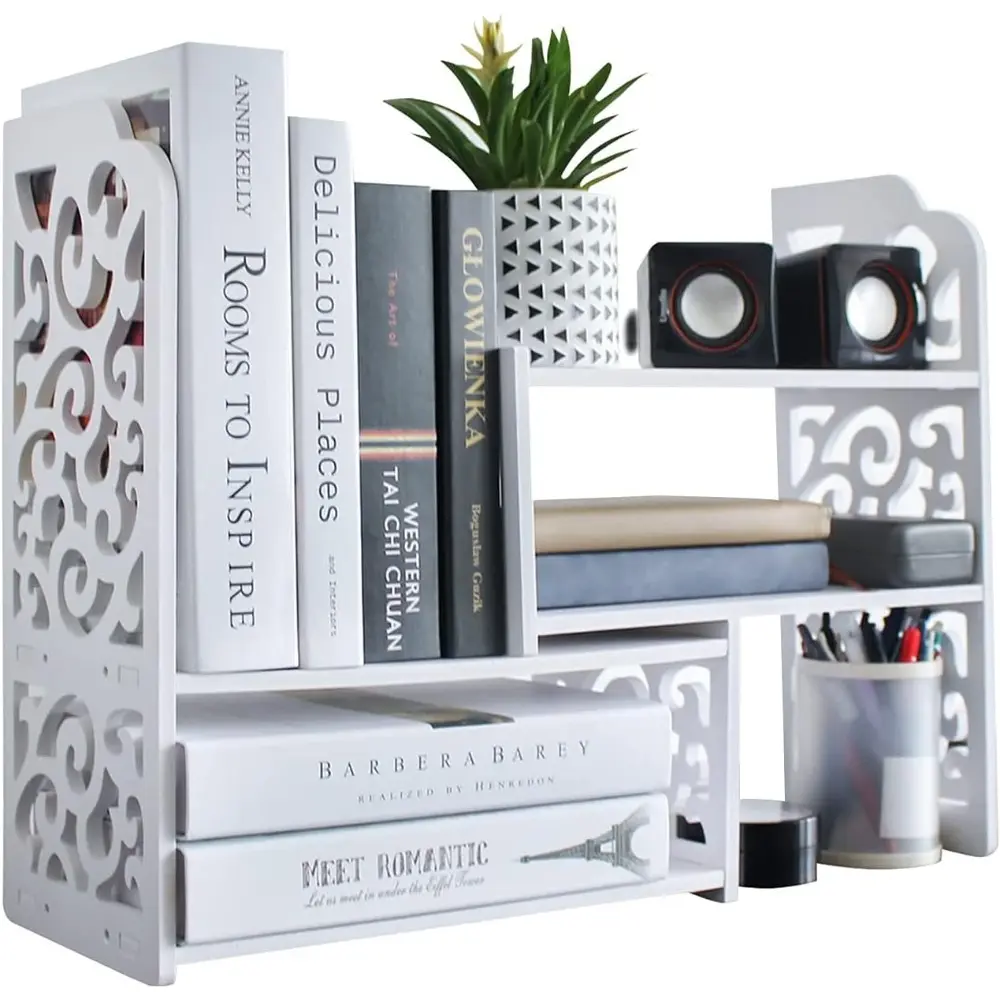 Mini Desktop Bookshelf Small White Wood Storage Rack Compact Space Saving Office Desk Organizer Wooden Display Shelf For Books Notebook Photo Frames Plants Home Desktop Decor