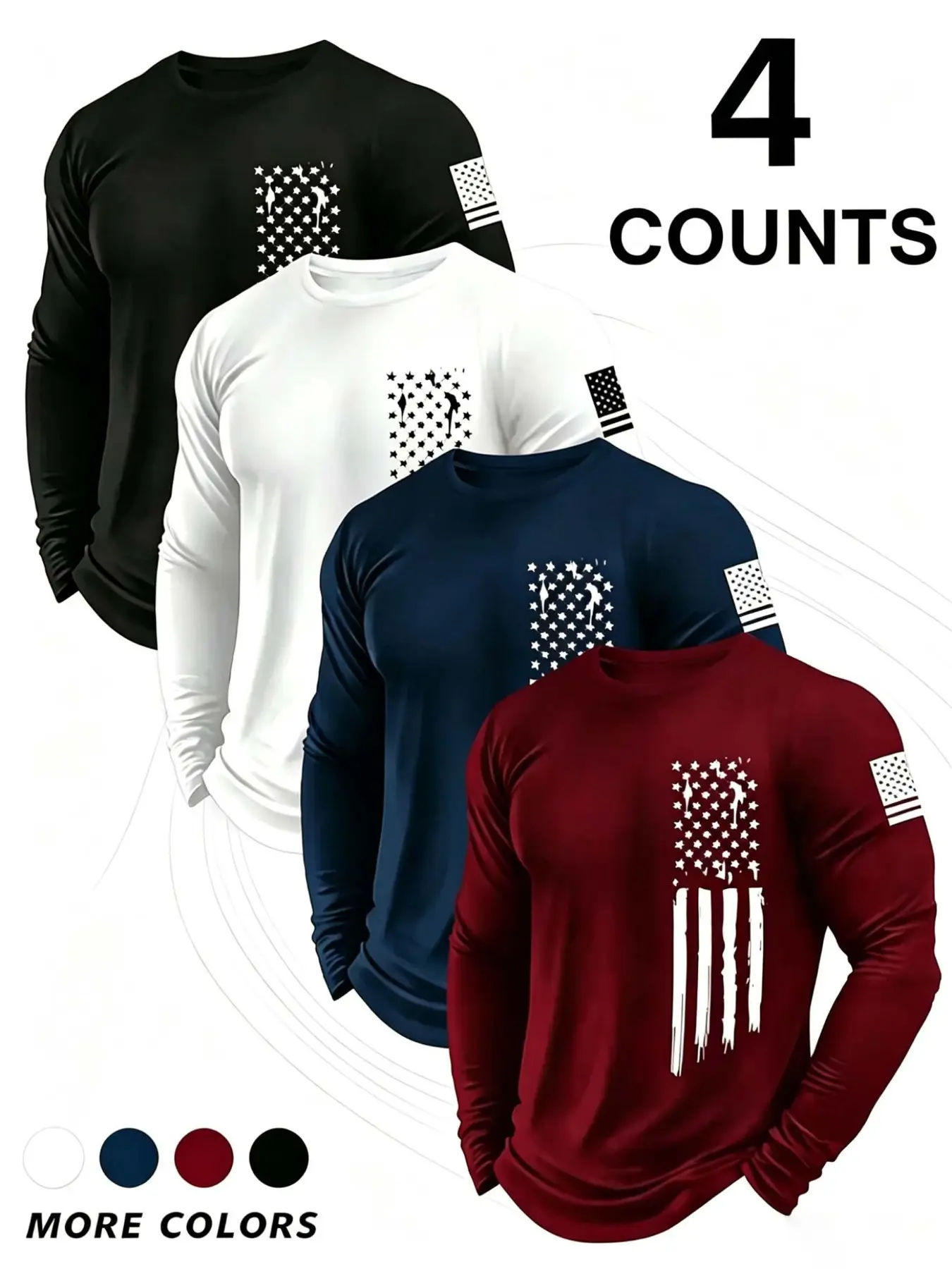 4-Pack Quick-Dry Long Sleeve Active T-Shirts, Sweat-Wicking Breathable, Essential for Sports, Multiple Colors, Comfortable Skin-Friendly Fabric, Casual Wear, Athletic Tops