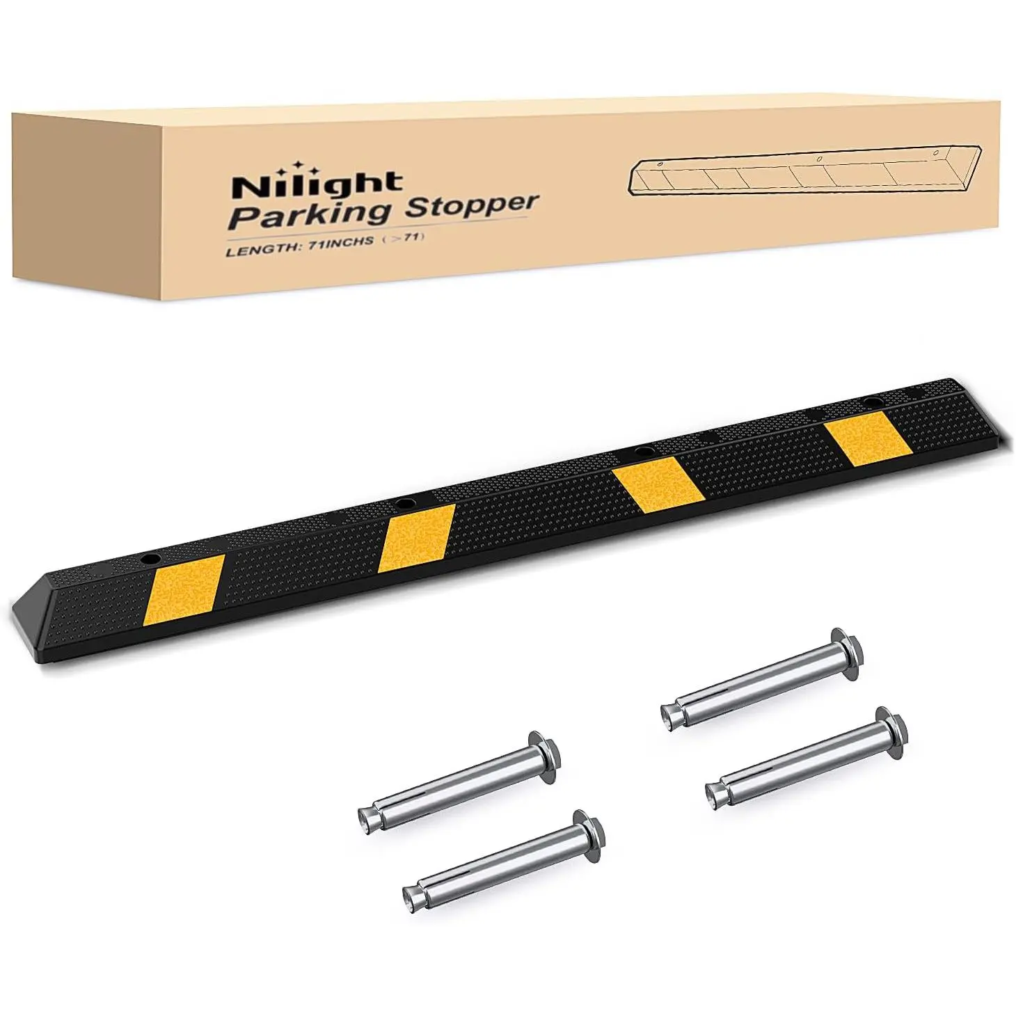 Nilight 72-Inch Heavy-Duty Rubber Parking Curb Wheel Stopper - 71.3" x 5.9" x 3.9" Auto Body & Frame Accessory with Reflective Stripe, Bolts for Easy Installation, Prevents Damage in Garages, Enables Safe & Accurate Parking, 1-Pack