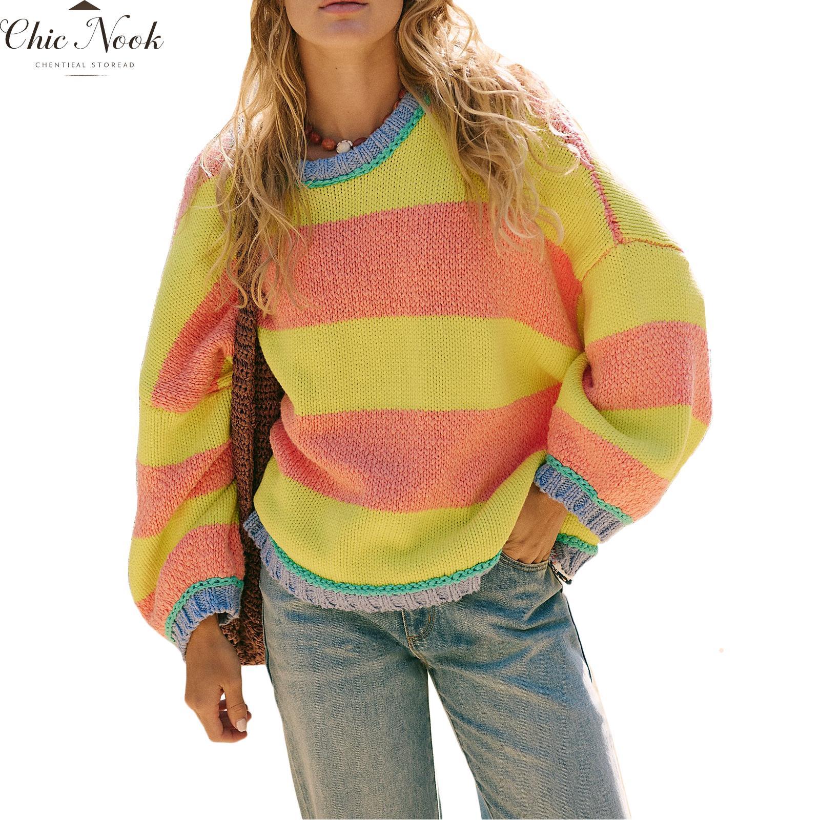 Women Cute Crew Neck Sweaters Casual Striped Loose Warm Pullover Basic Knitwear for Fall Streetwear