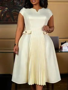 Plus Size Women A Line Casual Elegant Dress, V Neck Cap Sleeves, Faux Pocket, High Waist Slim Fit, Pleated Skirt, Wedding Guest Office Daily Cocktail Party Spring Autumn Wear