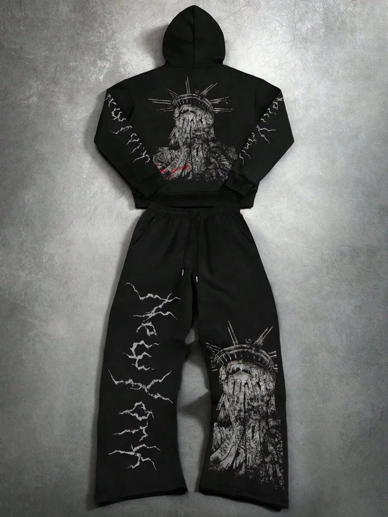 Y2K Alt Gothic Streetwear Matching Hoodie Sweatpants Set Retro Faded Full Back Statue Liberty Graphic Pullover Hooded Top, Long Sleeve, Elastic Waist Drawstring Sweat Pant Outfit For Hip Hop Nightclub Daily Travel Street Trendy Tracksuit