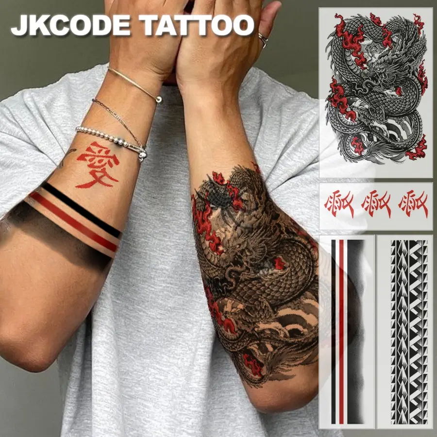 4PCS Large Waterproof Arm Ring Tattoo Sleeves | Black and Red Dragon & Chinese Love Character Design | Temporary Tattoos for Men & Women | Long Lasting Body Art Stickers for Parties & Cosplay