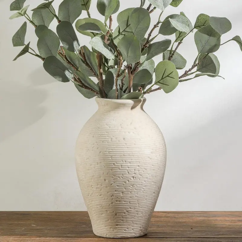 9" Rustic Ceramic Flower Vase - Large Farmhouse Home Decor for Living Room, Office Coffee Desk, Vintage Accent Pieces (Strength Training Equipment Complement)