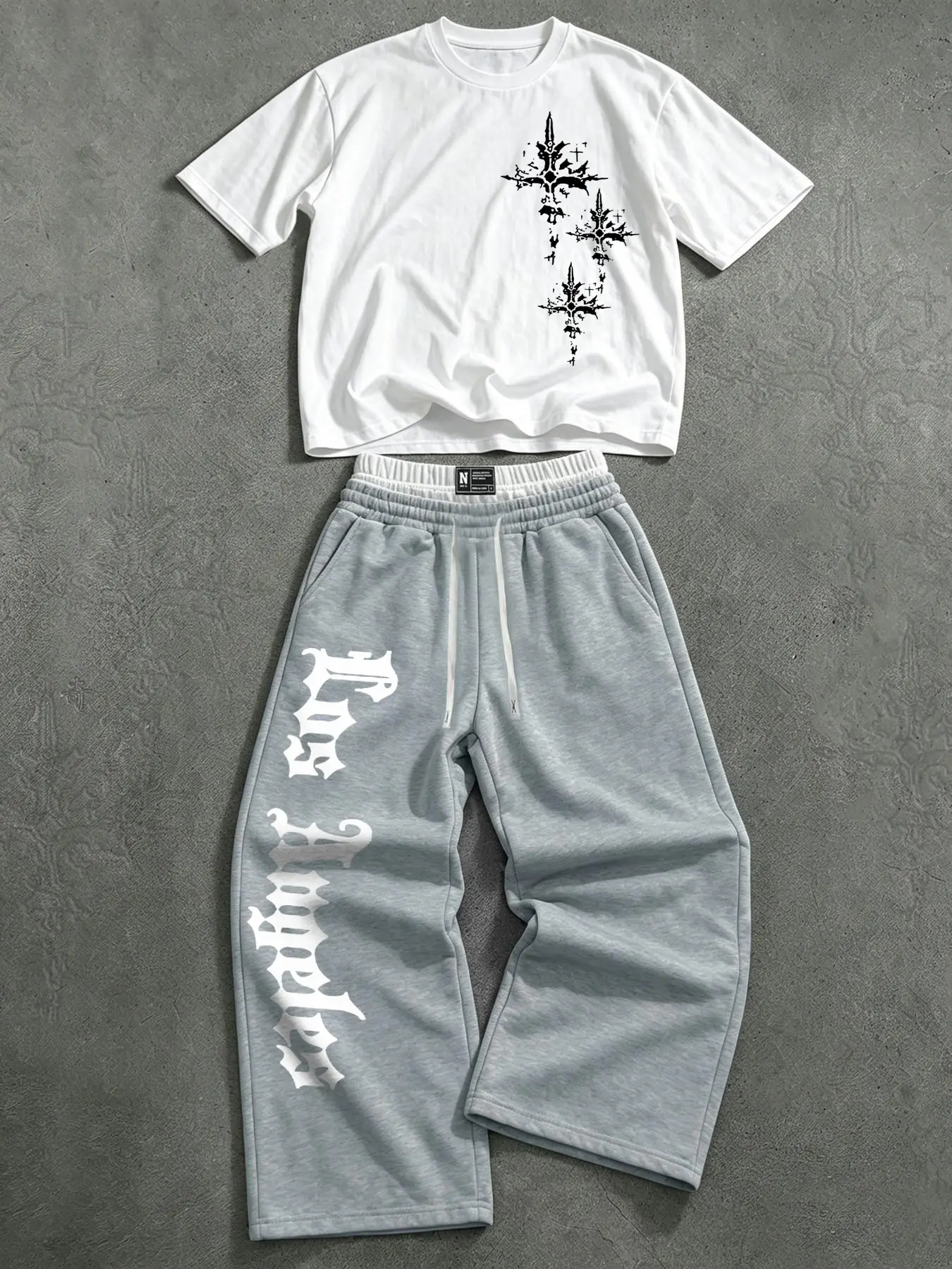 American Gothic Pattern Letter Print Short Sleeve Tee Set, Unisex Casual Two-Piece, Wide Leg Pants, Drawstring Waistband