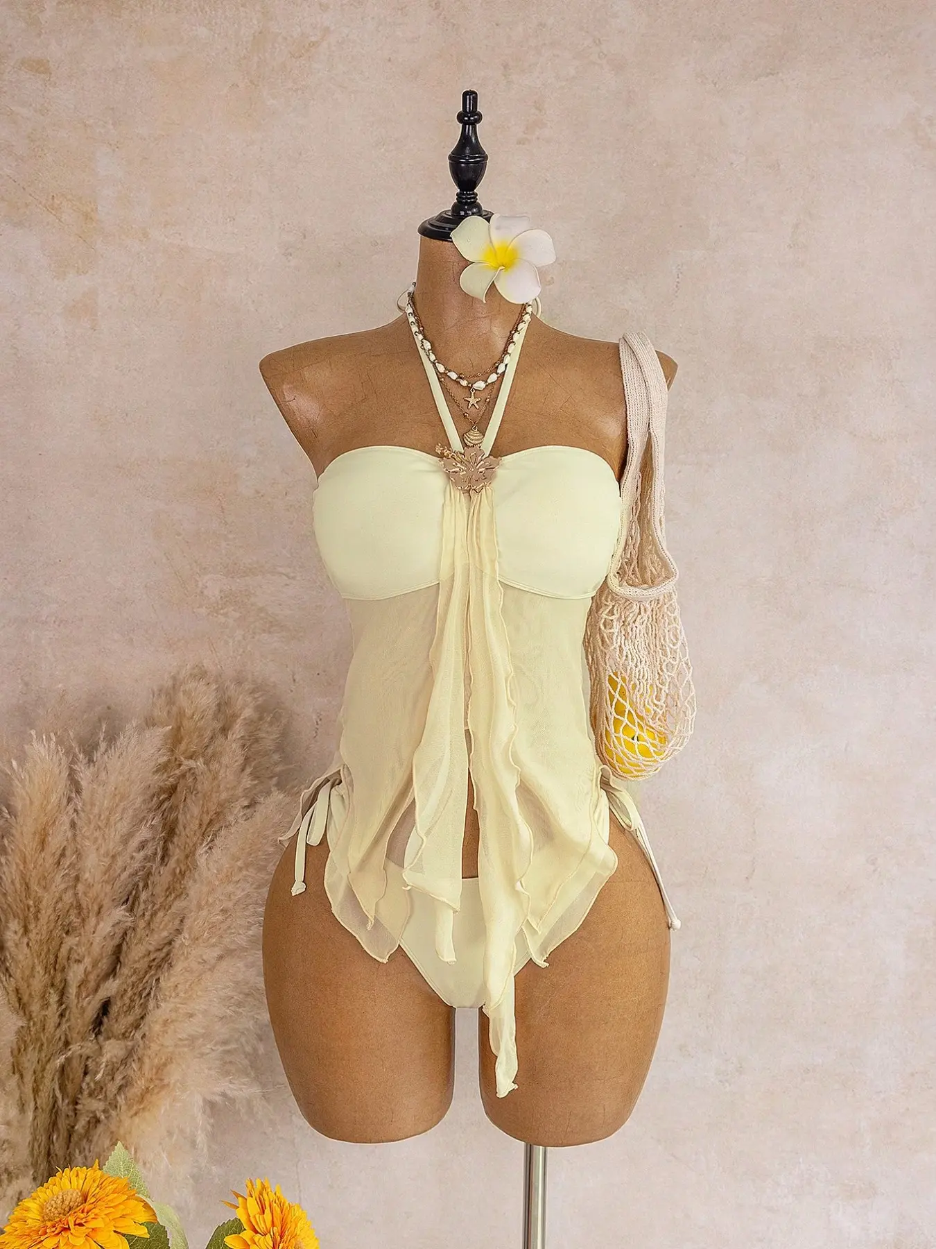 Cream Halter Neck Floral Metal Buckle Ruffle Mesh Swimwear, Tummy-Concealing Side Drawstring Triangle Bikini Set, Resort & Spa Two-Piece, Summer Beach Swimsuit