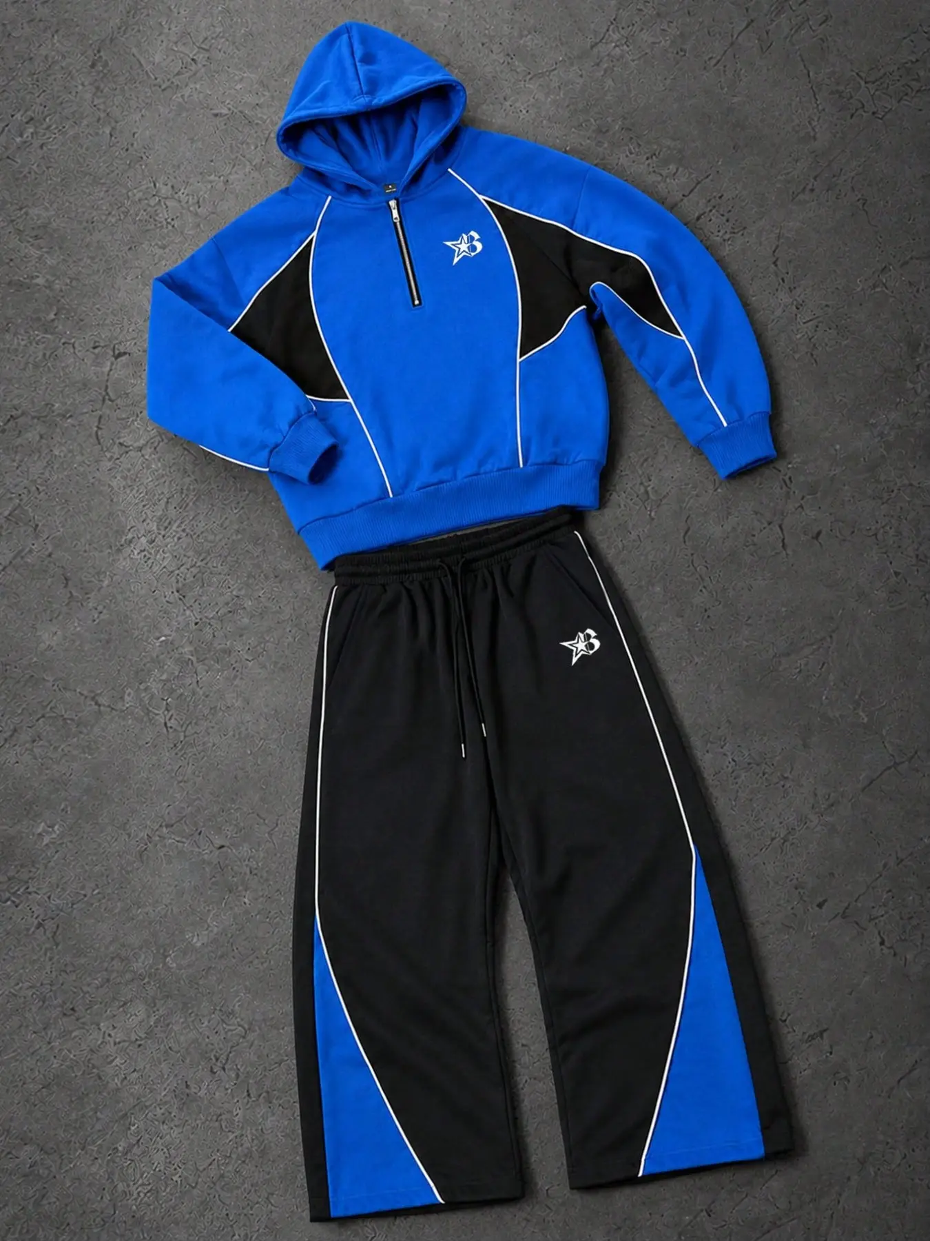 Y2K Streetwear 2 Piece Athleisure Tracksuit Set Unisex Color Block 1/2 Zip Hoodie and Wide Leg Sweatpants with Contrast Piping Star Graphic Racing Core Casual Outfits