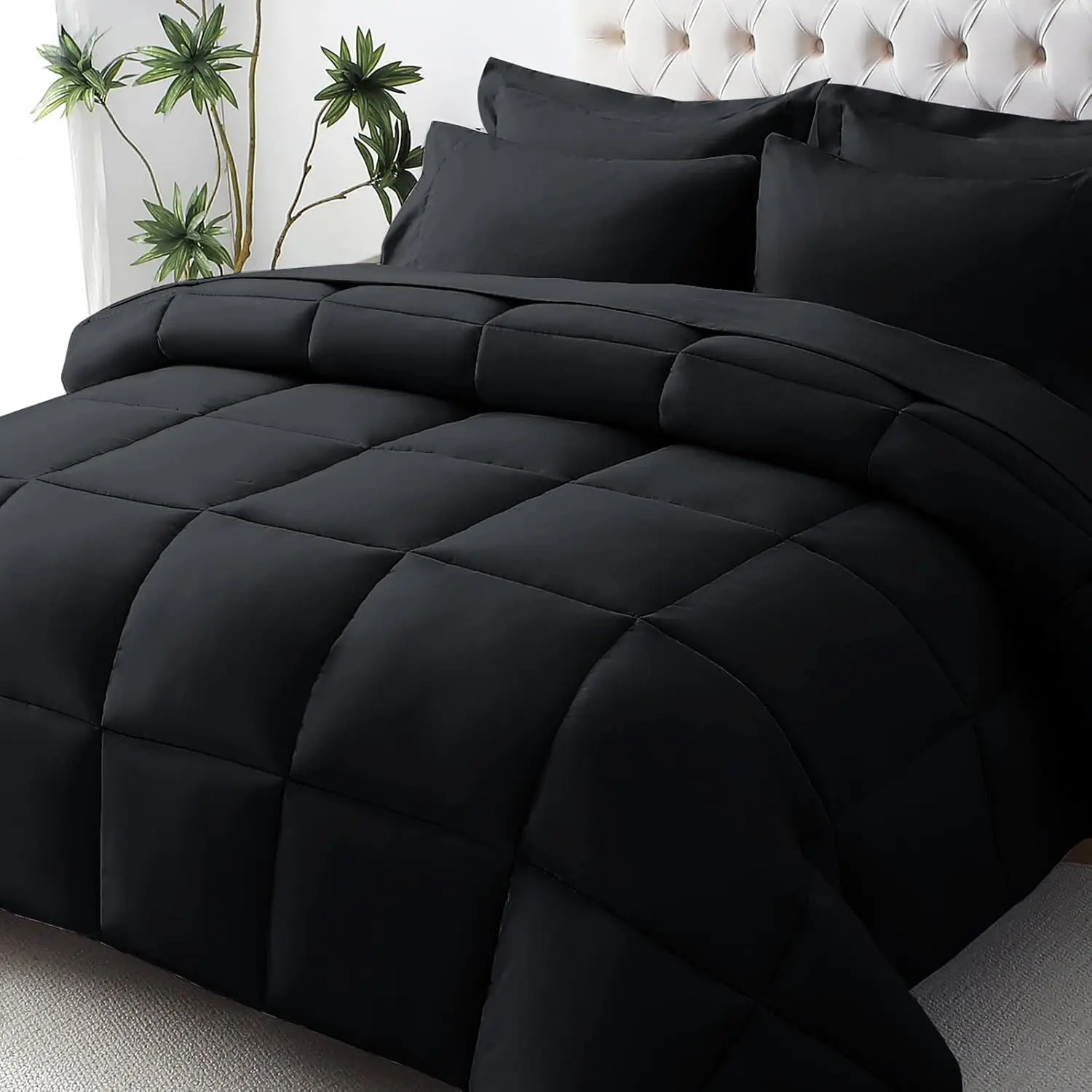 7 Pieces Queen Size Black Bed in a Bag Bedding Set, OEKO-TEX Certified Ultra Soft Bed Set, Includes Down Alternative Comforter, Sheets, Pillowcases & Shams