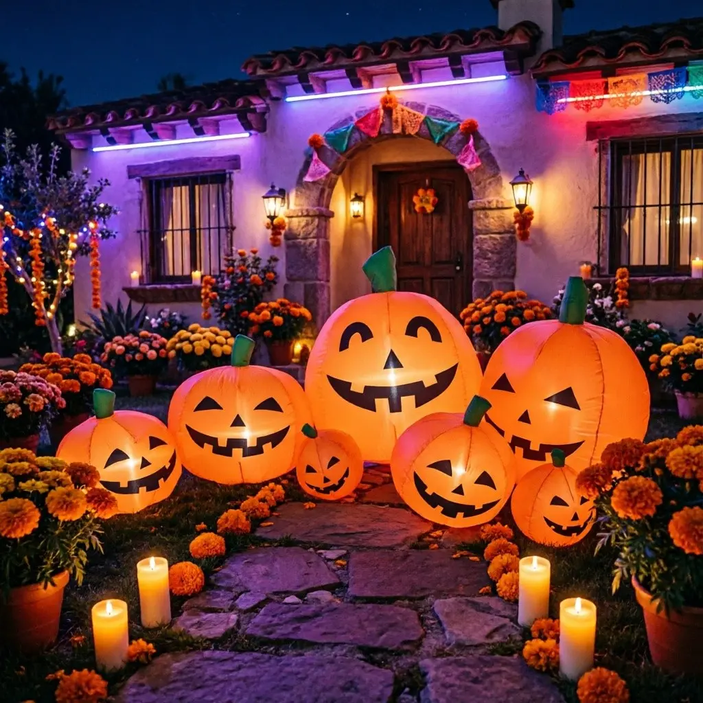 8FT Halloween LED Pumpkin Inflatable Model, Cute Ghost Festival Atmosphere Decoration, Ideal for Family Parties and Outdoor Events, Mexican Day of the Dead