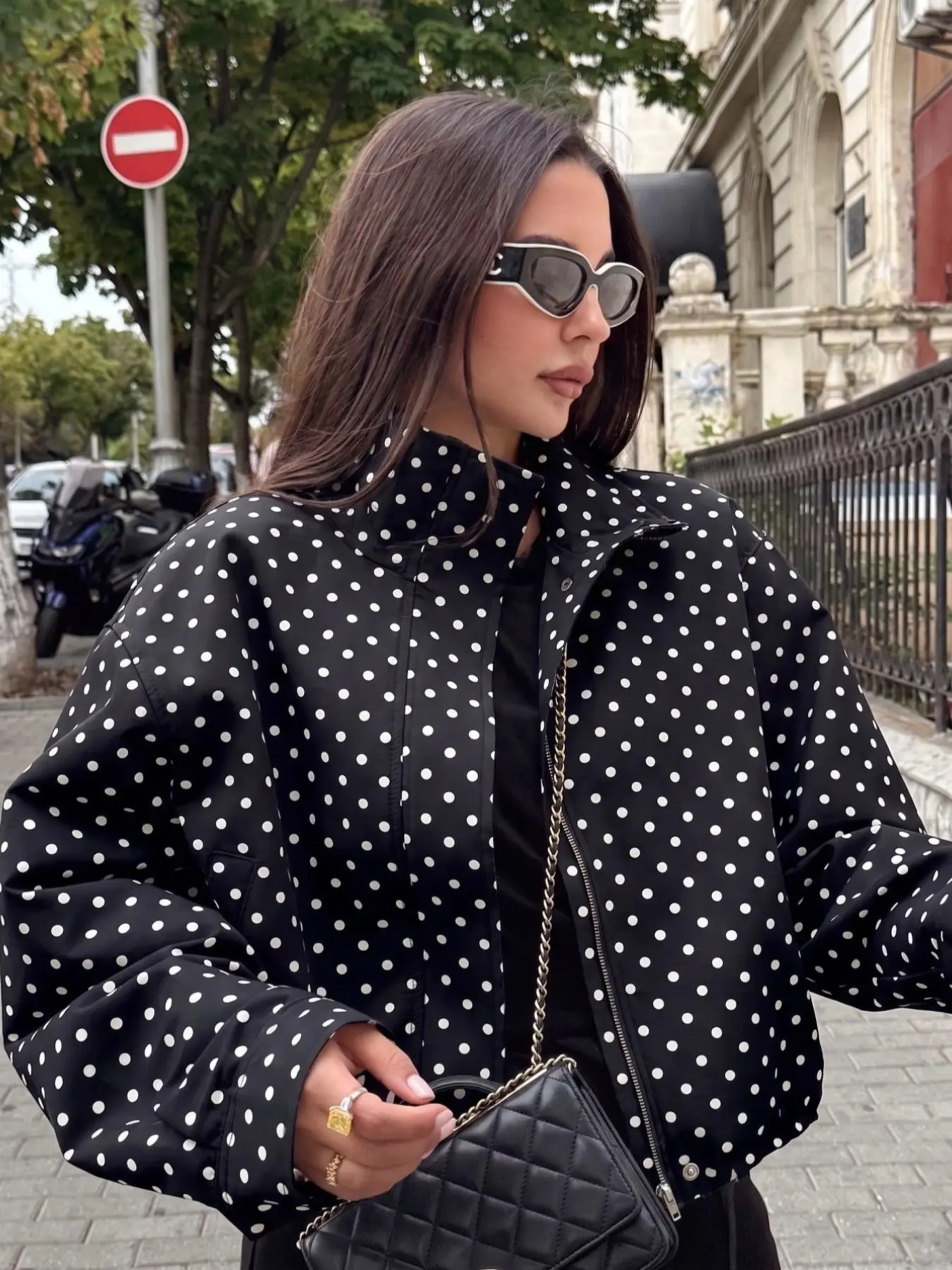Polka Dot Cropped Jacket, Stand Collar Zip-Up Lightweight Long Sleeve Outerwear