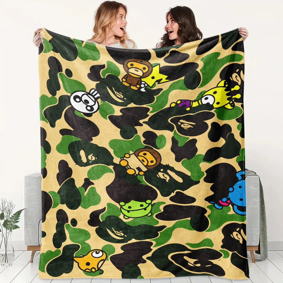 1PC BAPE Splicing Graffiti Flannel Blanket, printed with cartoon ape, Hello Kitty and colorful street graffiti elements. Multiple styles available, soft warm blanket for sofa, bed, office, shawl, camping trip, ideal Christmas holiday gift.