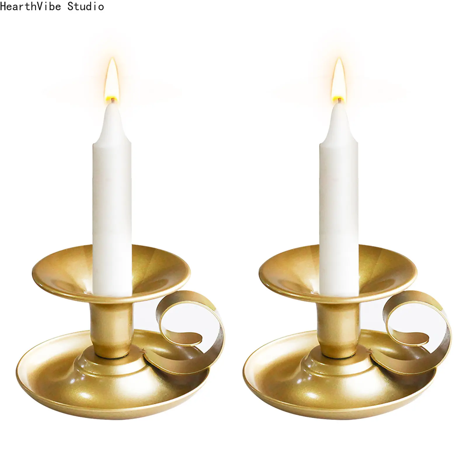 Taper Candle Holders, Set of 2 Vintage Iron Chambersticks with Curved Handle in Brass Gold Finish for Wedding Table Decor, Candle Holders For Candlesticks, Decoration Items, Two Pieces