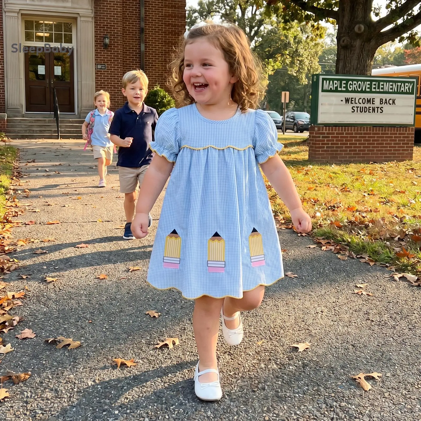 Girl's Blue Plaid A-line Dress with Pencil Embroidery, Short Sleeve Cotton Blend Back-to-School Summer Outfit, A-Line Cut, Girl's Dress, Pencil Shape, Crew Neck, Pencil Plaid