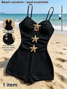 Women's One-Piece Swimsuit with Padded Bra, New Striped Bikini, Backless Design, Star Decoration, Solid Color, Beach Vacation, Onepiece Swimwear