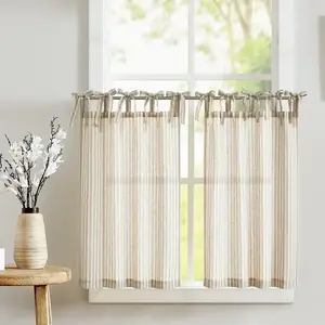 Tie Top Striped Linen Kitchen Curtains