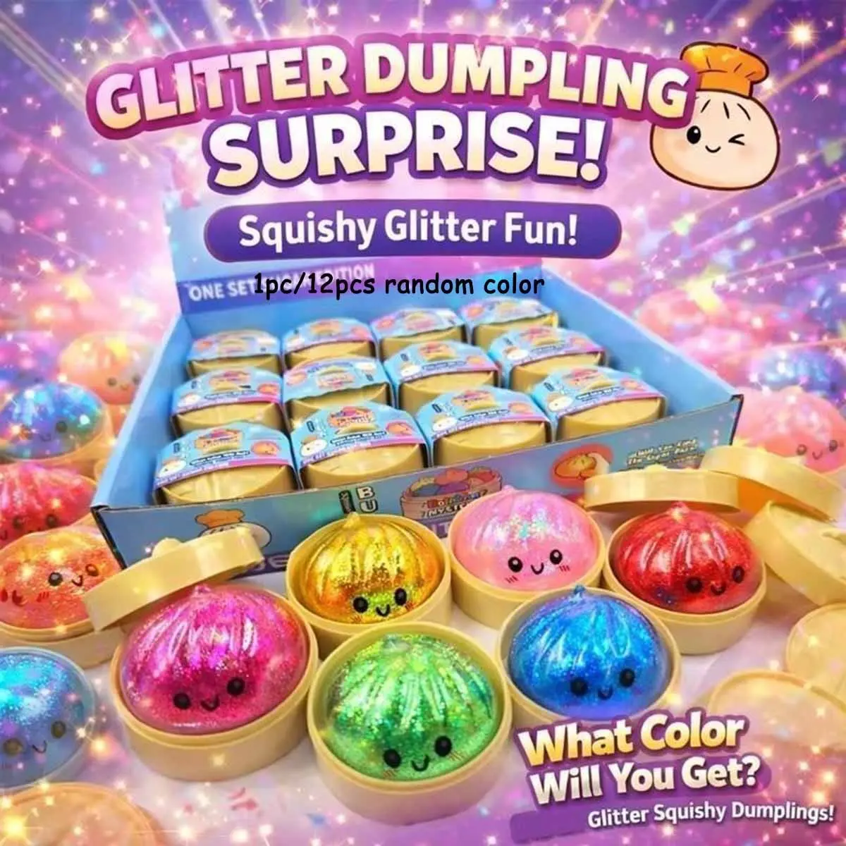 12counts Glitter Dumpling Glitter Dumpling Squishy with Box Dumplings Sensory Squeeze Toy for Stress Relief Sparkly Squishies