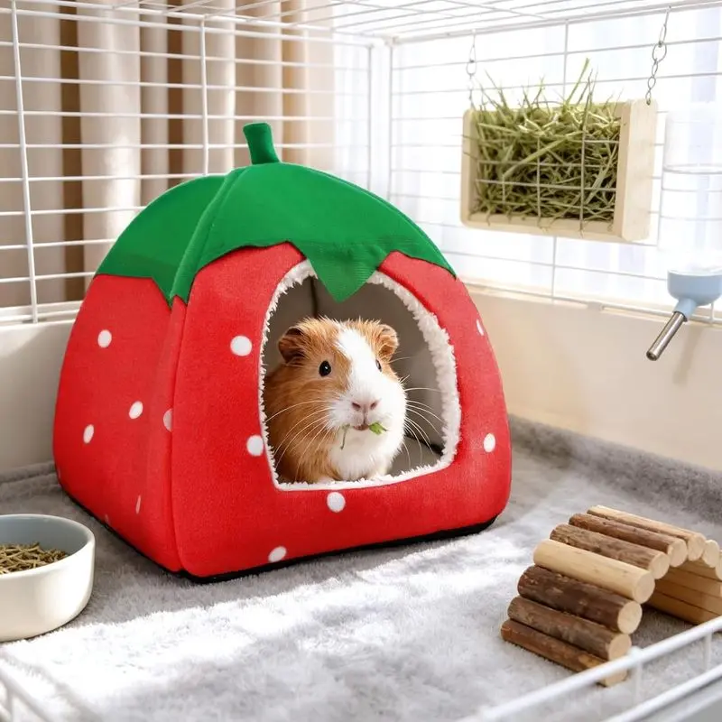 Strawberry Pet Bed - Foldable Semi-Closed Guinea Pig Hideout, Cute Fruit Shape Small Animal House for Bunny Hamster Chinchilla, Cozy Cat Tent Cave for All Seasons