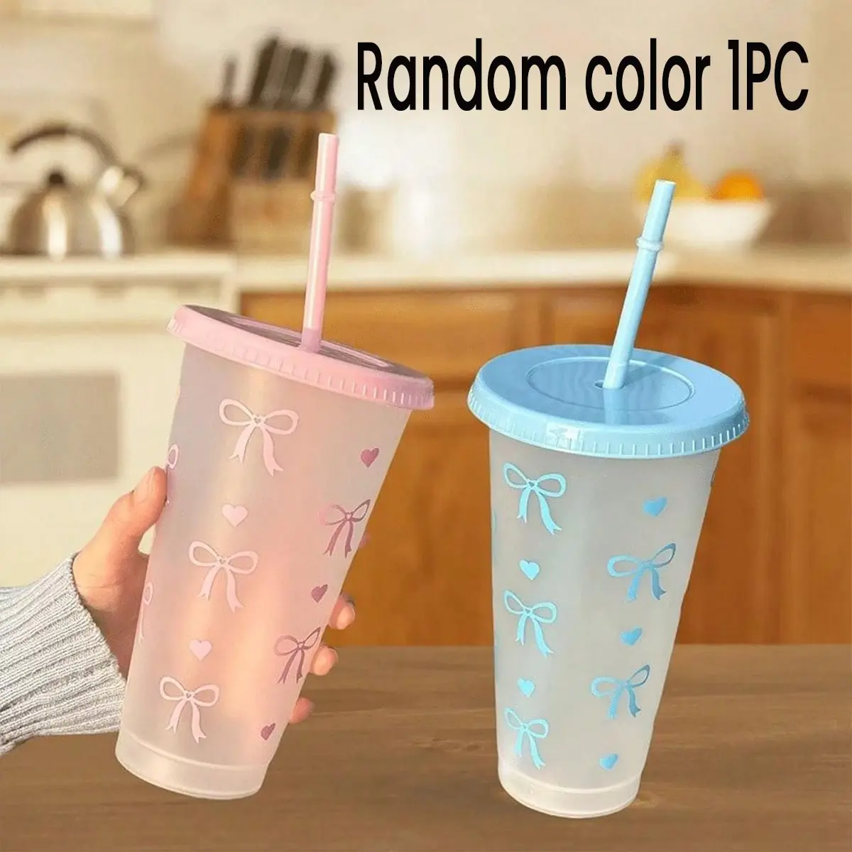24oz Reusable Cute Bow Plastic Cup Tumbler with Lid and Straw, Transparent, Portable, Ideal for Ice Coffee, Juice, Soda, Beach, Wedding, Party, Office, Reusable Drinkware