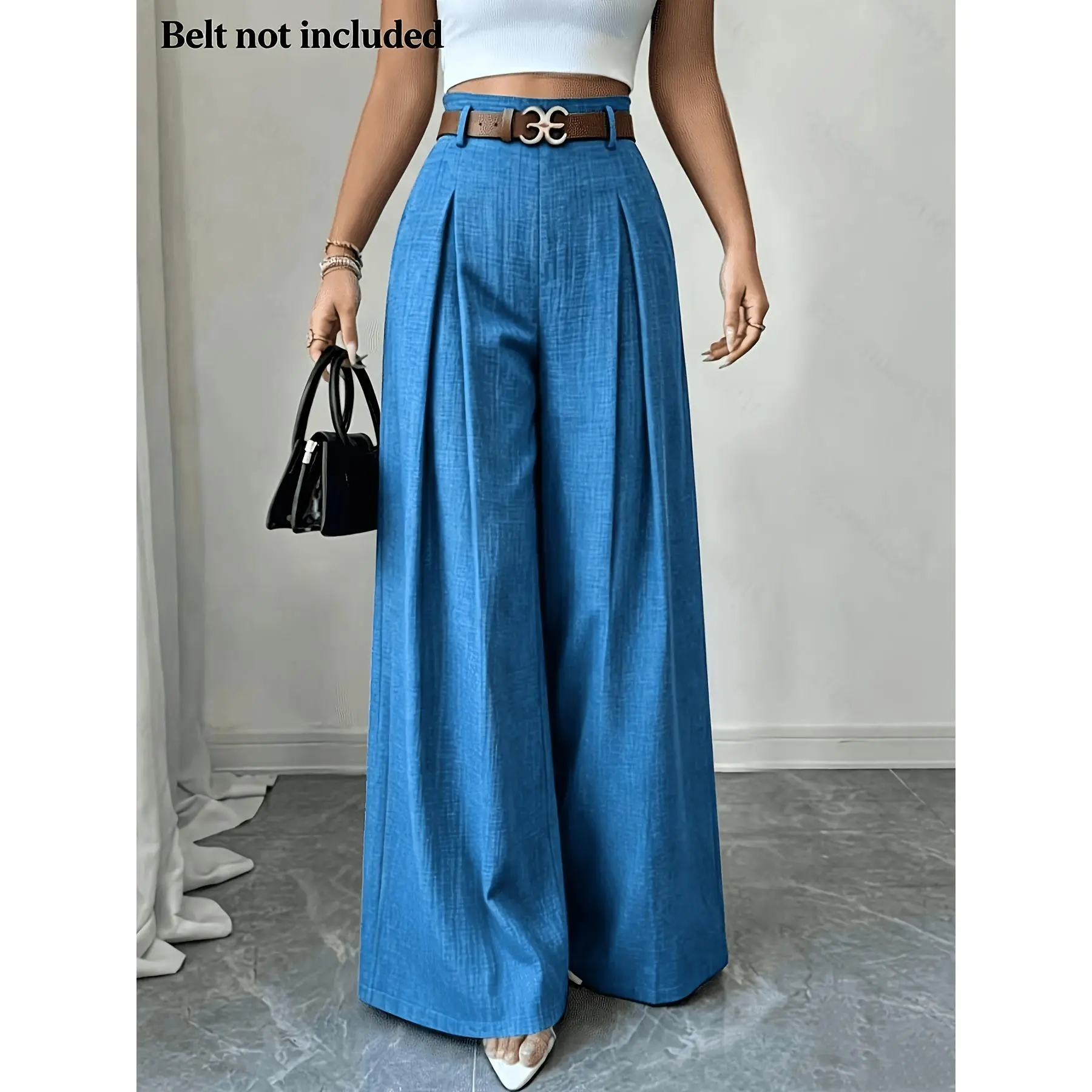 Women's High-Waisted Wide- Trousers - Loose-Fit Solid Color Pants Suitable for Daily Wear & Vacation, Beltless Spring/Summer Style for Office, Casual Outfits - Machine Washable Elegant Trousers