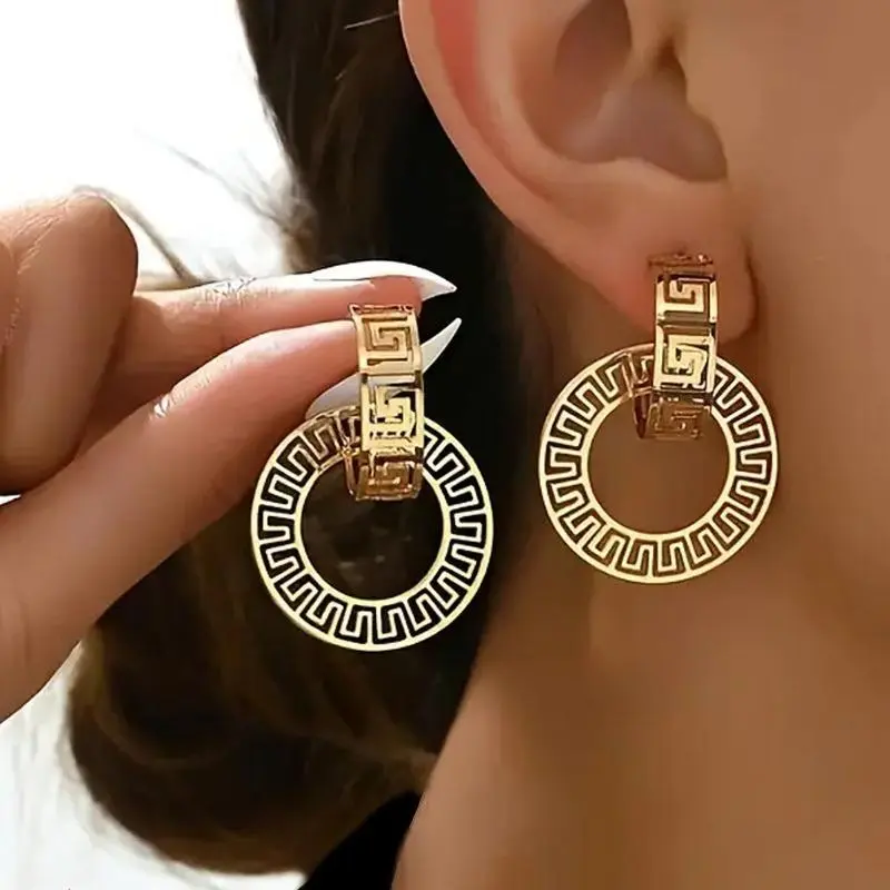 Baroque Geometric Drop Earrings, Women's Ornate Hollow Statement Jewelry, Lightweight and Elegant for Parties or Daily Wear, Ear Accessories, Unique Design Earrings, Hollow Cutout, Secure Posts