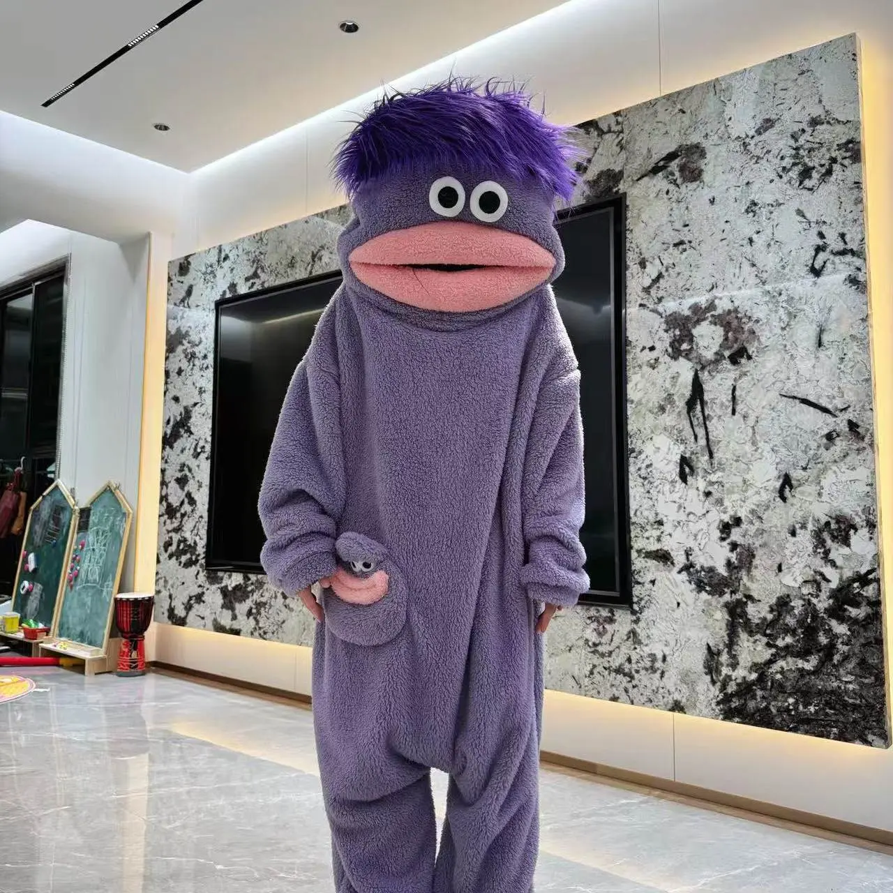 Ugly-cute abstract big-mouthed monster coral fleece pajamas, winter funny one-piece sleepwear, plush and thick home wear with comb