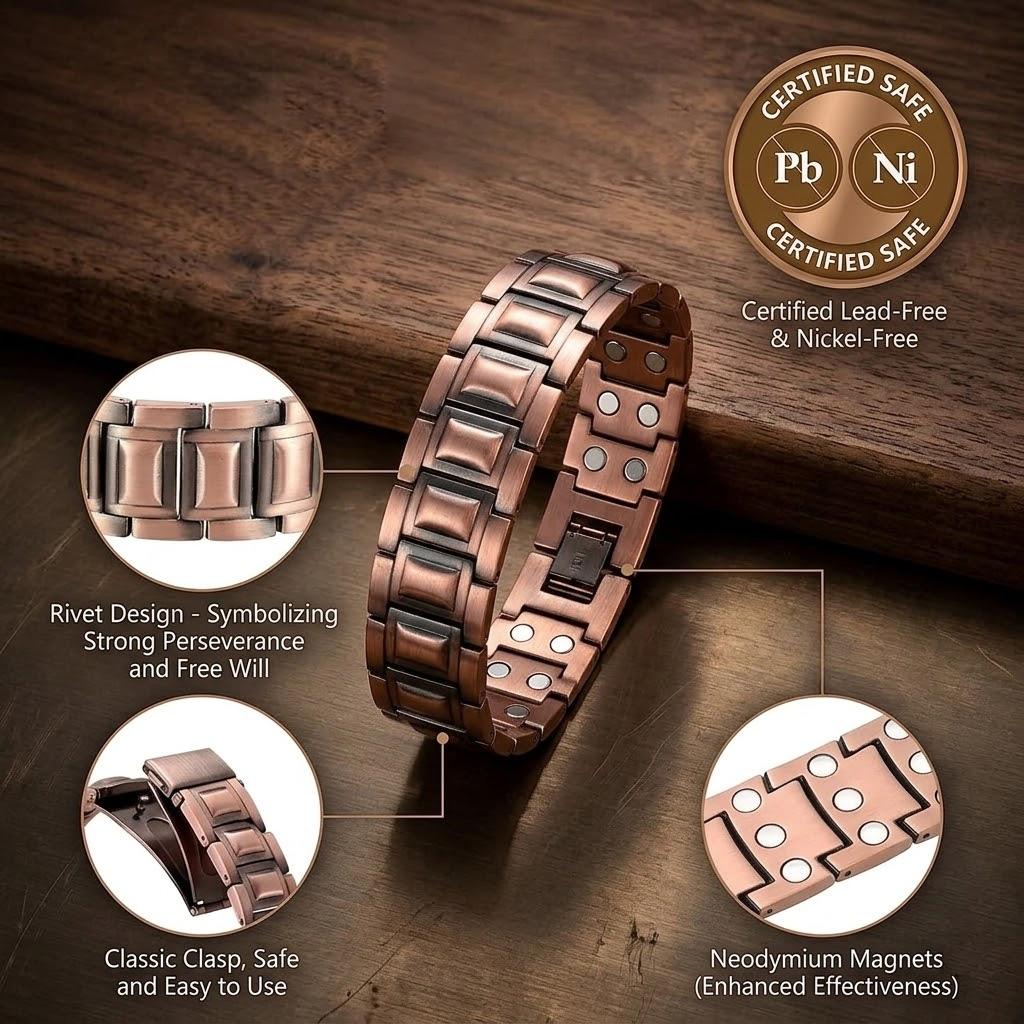 3X Magnetic Copper Bracelet for Men,Adjustable Magnetic Bracelets,Copper Jewelry Gifts for Men,3800 Gauss Strength Magnets,Pro Fold-Over Butterfly Clasp