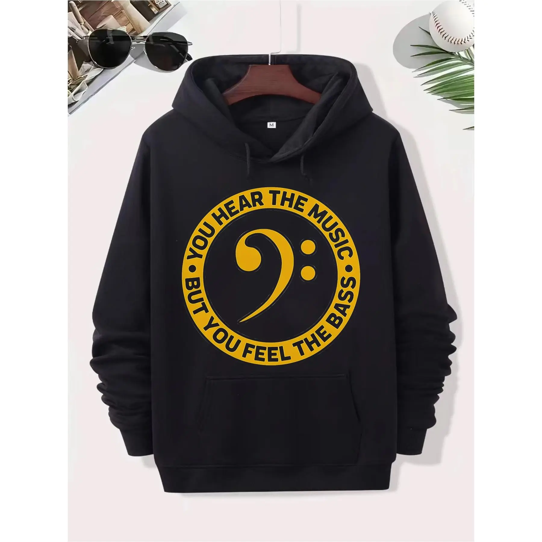 Men's Music Note & Bass Clef Graphic Hooded Sweatshirt - Funny "Feel the Bass" Saying, Durable Streetwear Pullover with Treble/Staff Notes Design, Machine Washable Hoodie for Musicians & Bass Players, Cute Street Style with Front Pocket, Regular Fit for M