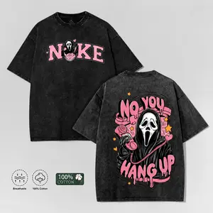 Vintage Acid Wash "No You Hang Up" Graphic Tee| Creepy Cute Ghost Oversized Shirt| 100% Cotton Y2K Parody Streetwear short-sleeved t-shirt men cottontees top vintage menswear loose fit summer casual shirt,Men's