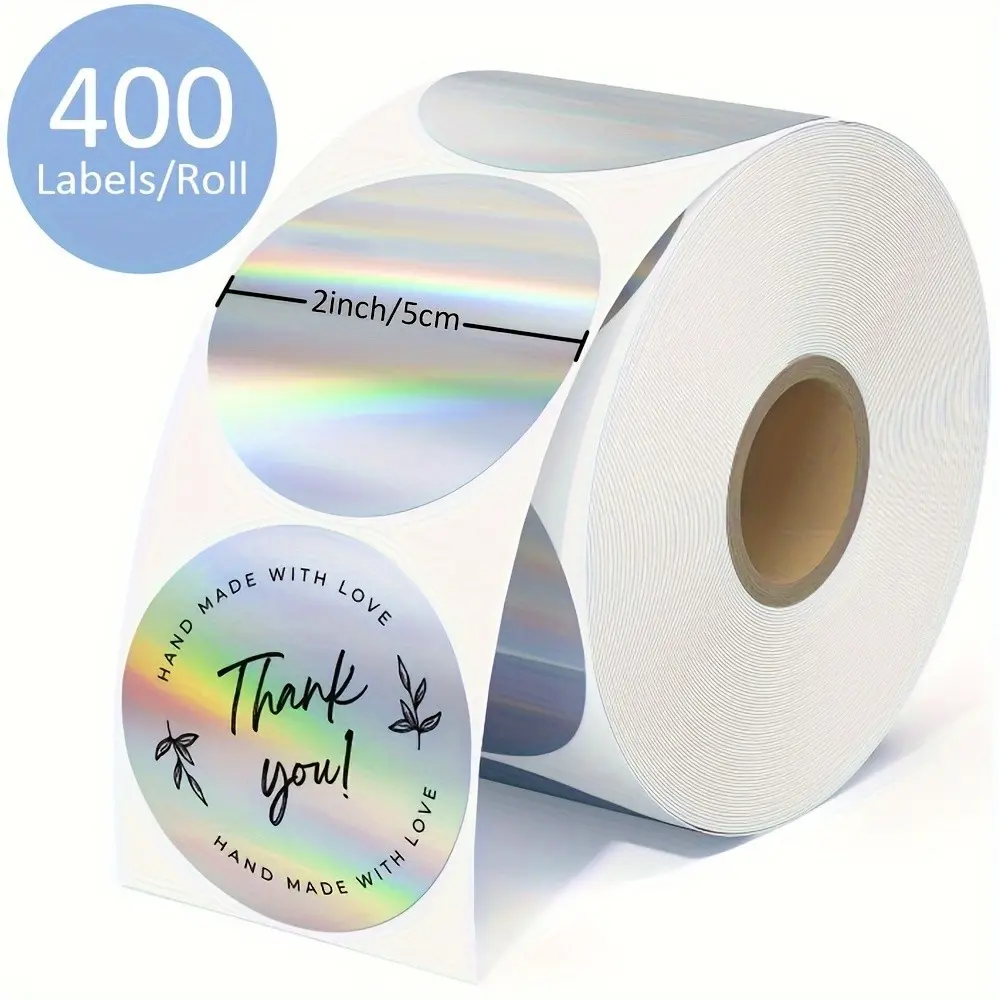 400 Sheets/1 Roll 2-Inch Round Holographic Thermal Labels, Label Paper, Self-Adhesive Rainbow Glitter Stickers, DIY Custom Logo Design, Gift Packaging Tags, Sticky Labels