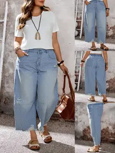 Plus Size Light Wash Distressed Ripped Fringe Cropped Barrel Jeans High Waist Loose Denim Pant