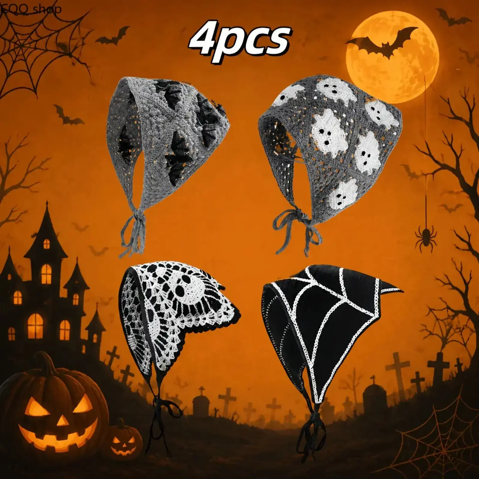 Women's Yarn-Crocheted Triangle Sports Headband for Outdoor Sports & Halloween, Female Wear with Ghost Motifs, Bat Web Print, Adjustable Ties
