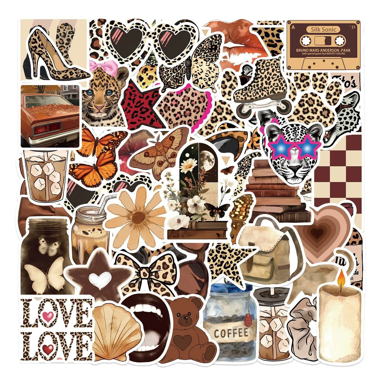 50 Sheets Leopard Print Stickers, Waterproof DIY Decorations for Journals, Luggage, Phone Cases, Trendy Aesthetic Girls' Stickers