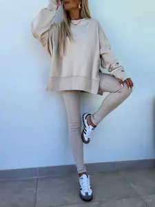 Women's Solid Drop Shoulder Split Hem Sweatshirt & Pants Two-piece Set, Casual Fashion Cozy Breathable Outfits for Daily Outdoor Wear, Ladies Sportswear for All Seasons, Oversized Sweat Set