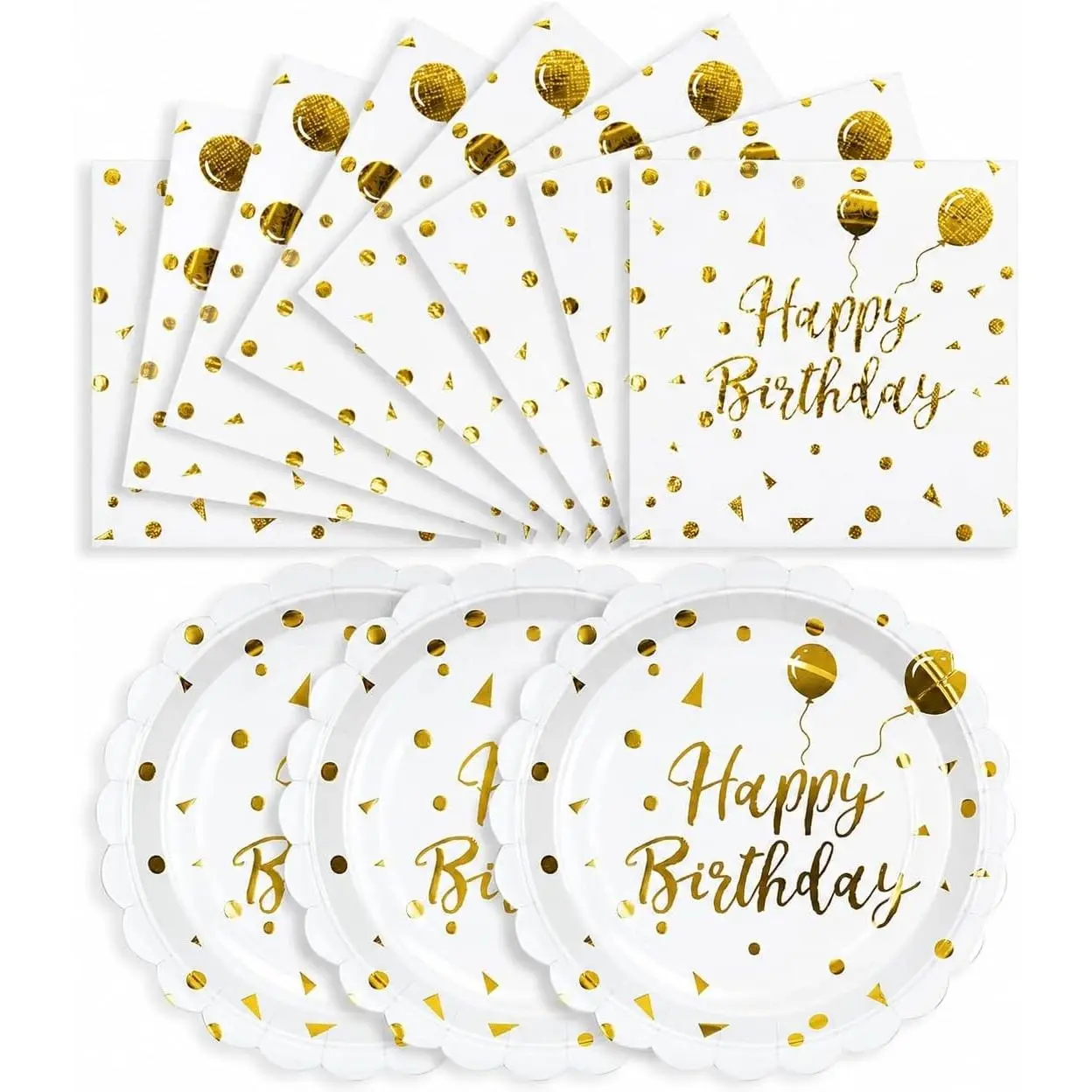 Happy Birthday Paper Plates and Napkins, White and Gold, 7 Inch, 50PCS