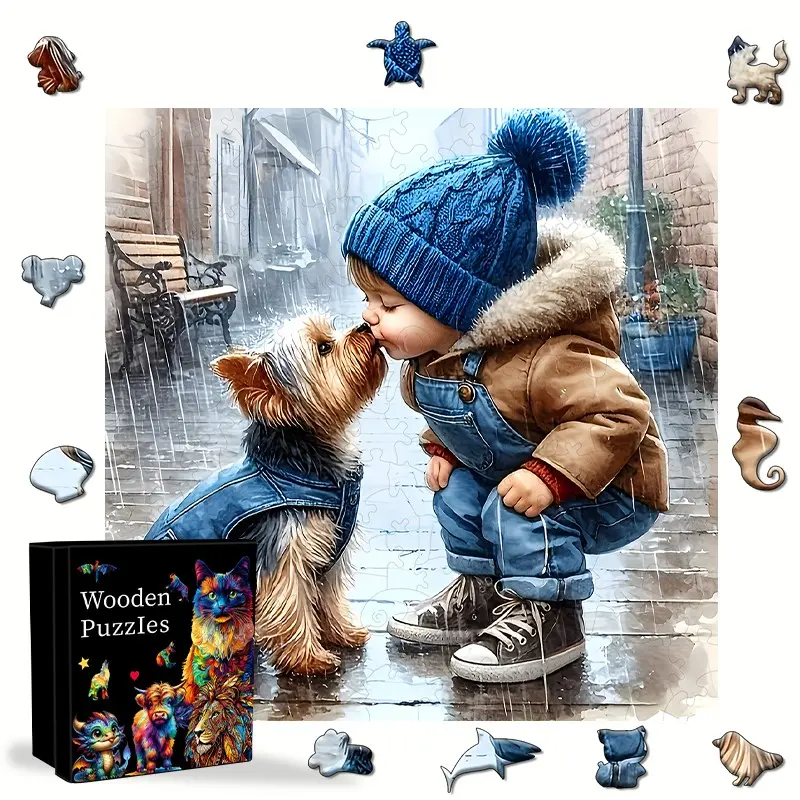 Creative Puppy and Buddy Wooden Jigsaw Puzzle, Family Interactive Toy, Irregular Animal Puzzle, Adult Gift, Halloween Christmas Gift, Handcrafted Wooden Puzzles