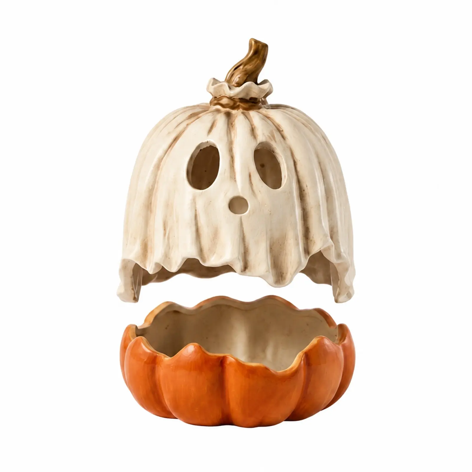 Halloween Pumpkin Candy Jar with Detachable Lid, Fun Jack-O'-lantern Snack Bowl, Rustic Table Decor for Halloween Parties and Home Decoration