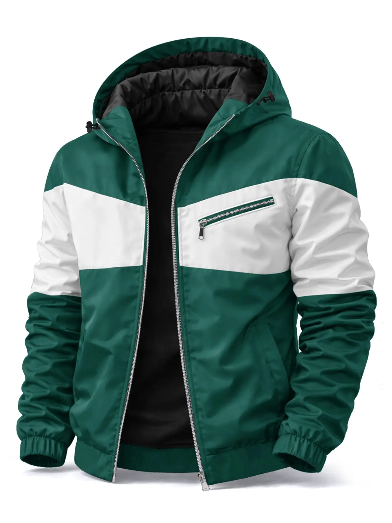 Men's Hooded Patchwork Baggy Jacket, Casual Coats, Casual Fitted Long Sleeve, Waterproof Windproof Drawstring Zipper Pockets, Outdoor Activity Coat, Casual Trendy Coat, Streetwear Outerwear
