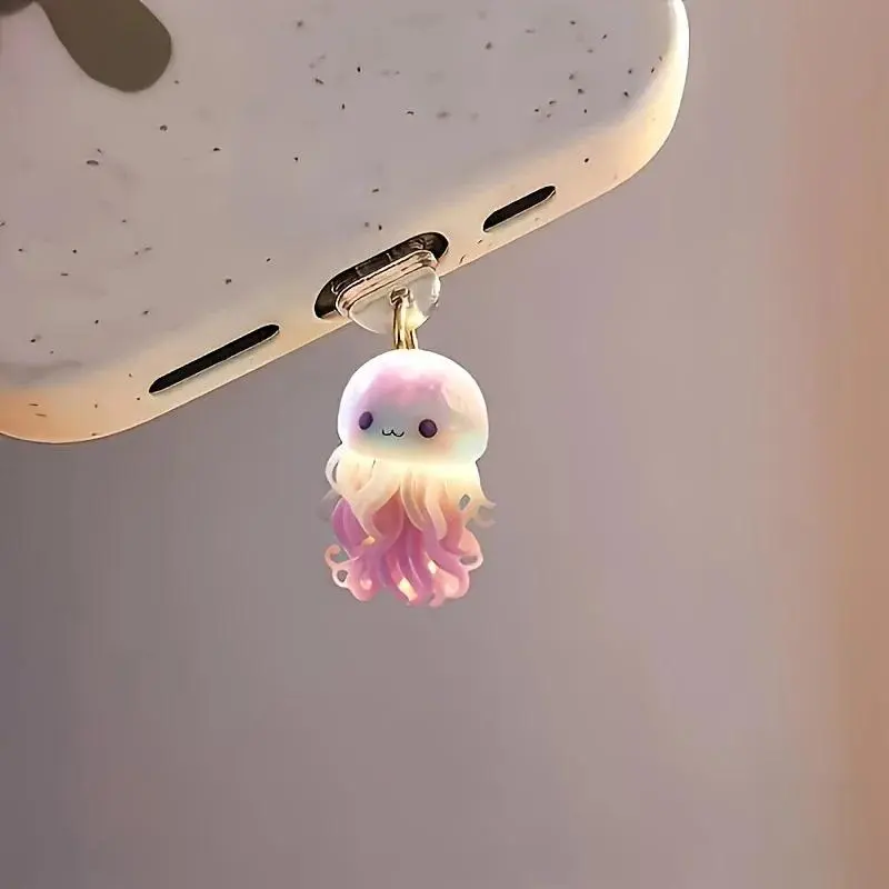3Pcs Personalized 2D Acrylic Marine Animal Dust Plug Charms - Pink Jellyfish, Cute Octopus, Universal Anti-Dust Caps for iPhone, Type-C Android Ports, Leisure Outdoor Phone Decor Accessories