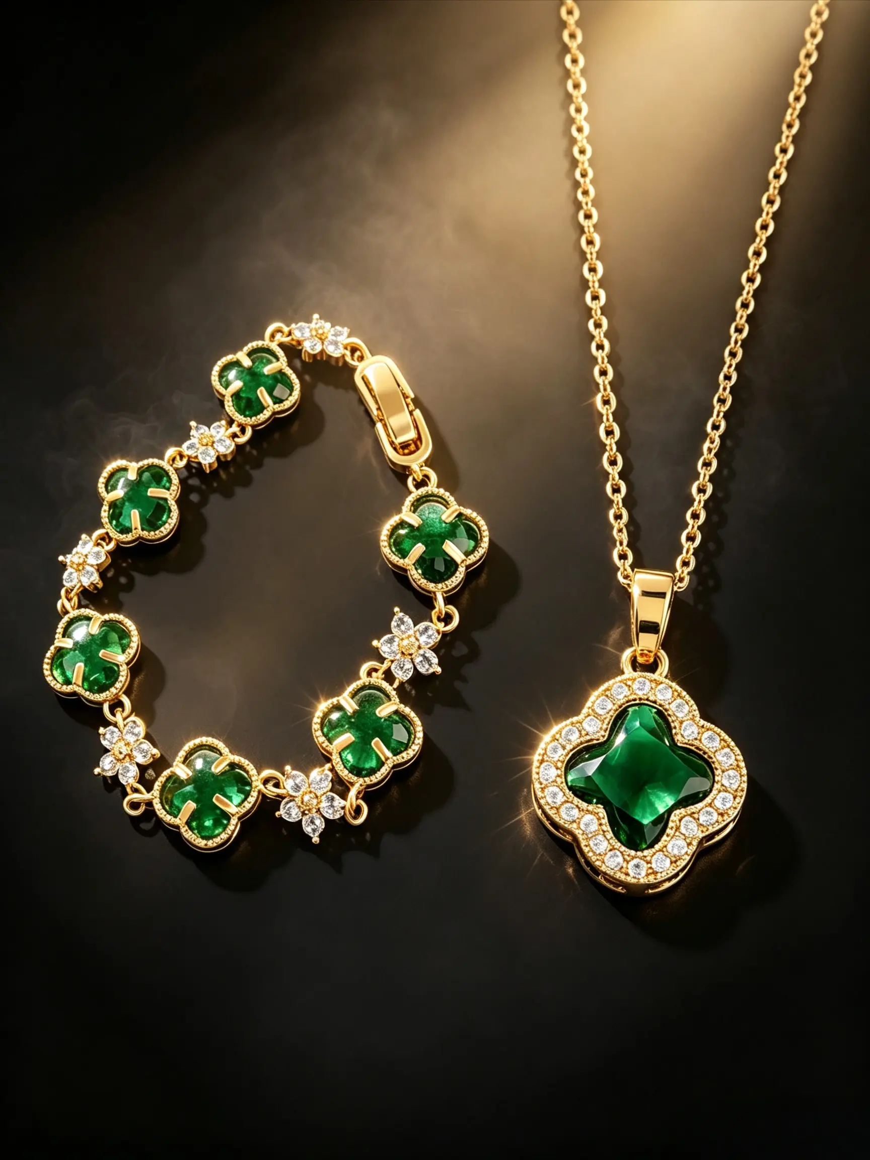 2Pcs Women Vintage Four Leaf Clover Elegant Jewelry Set, Paved Cubic Zirconia Clover Pendant Necklace & Floral Inlaid Clover Bracelet, Gold Plated Daily Layering Accessory Gift For Her