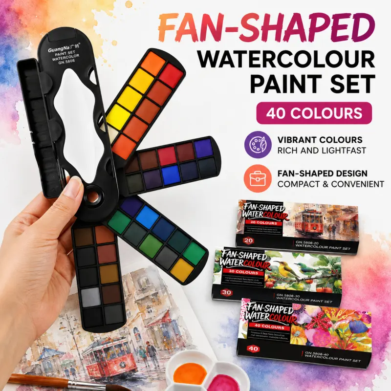 20/30/40 Colors Fan-Shaped Watercolor Paint Set, Portable Folding Solid Watercolor Palette with Mixing Area, High Pigment Watercolor Kit for Sketching, Travel and Painting