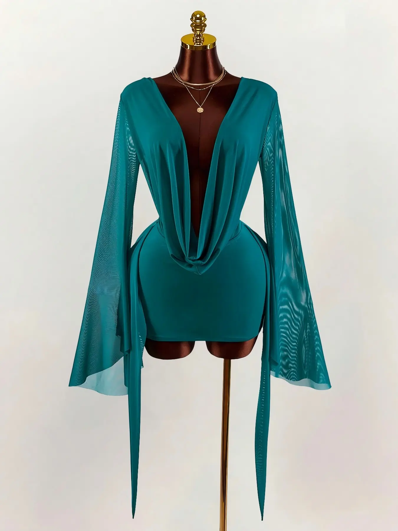 Women's Deep V Neck Draped Front Bodycon Mini Dress, Teal Blue Lightweight Long Bell Sleeve Side Slit Slim Fit Short Dress, Sexy Elegant Outfit for Club, Party, Date Night, Cocktail, Night Out, Vacation, Trendy Y2K Streetwear for Ladies