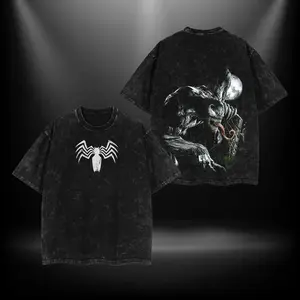 Retro Symbiote White Spider Chest Symbol & Night Moon Background Fanged Tongue Symbiote Monster Full Portrait Dual-Sided Vintage Washed Black T-Shirt, Unisex Oversized Heavyweight Cotton Streetwear Top, Ideal Gift for Symbiote Fans