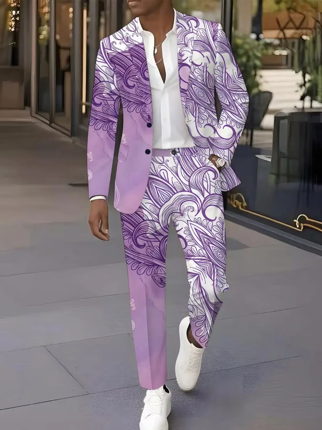 Men's light purple datura ethnic floral print two-piece suit, suit jacket paired with trousers, elegant artistic pattern, a personalized men's suit for parties, gatherings, stage performances.