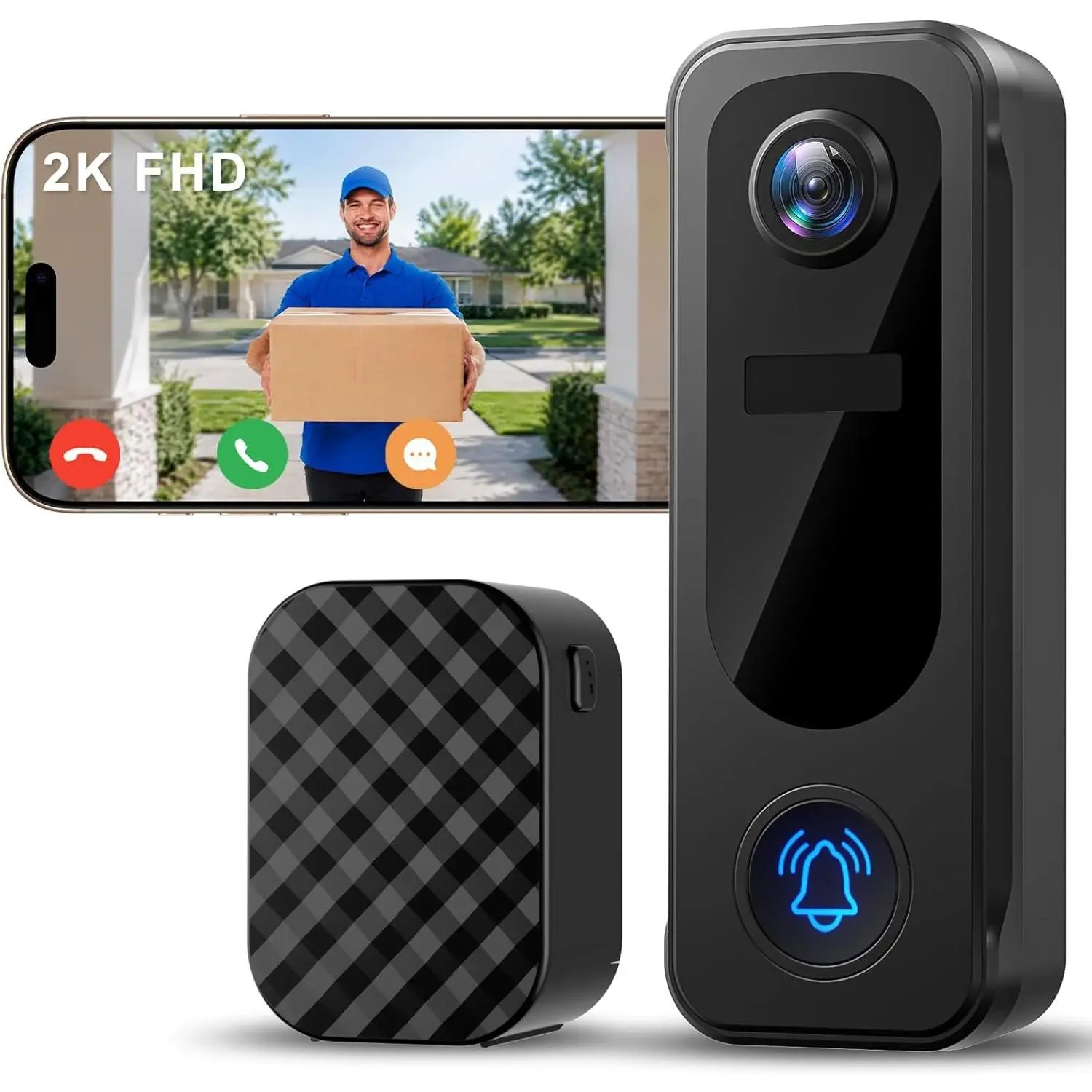 Doorbell Camera No Subscription,   | with Door Chime, No Subscription Fee, 2.4GHz WiFi, 2 Way Audio, 30s Voice Message, AI Detection, Anti-, Alexa