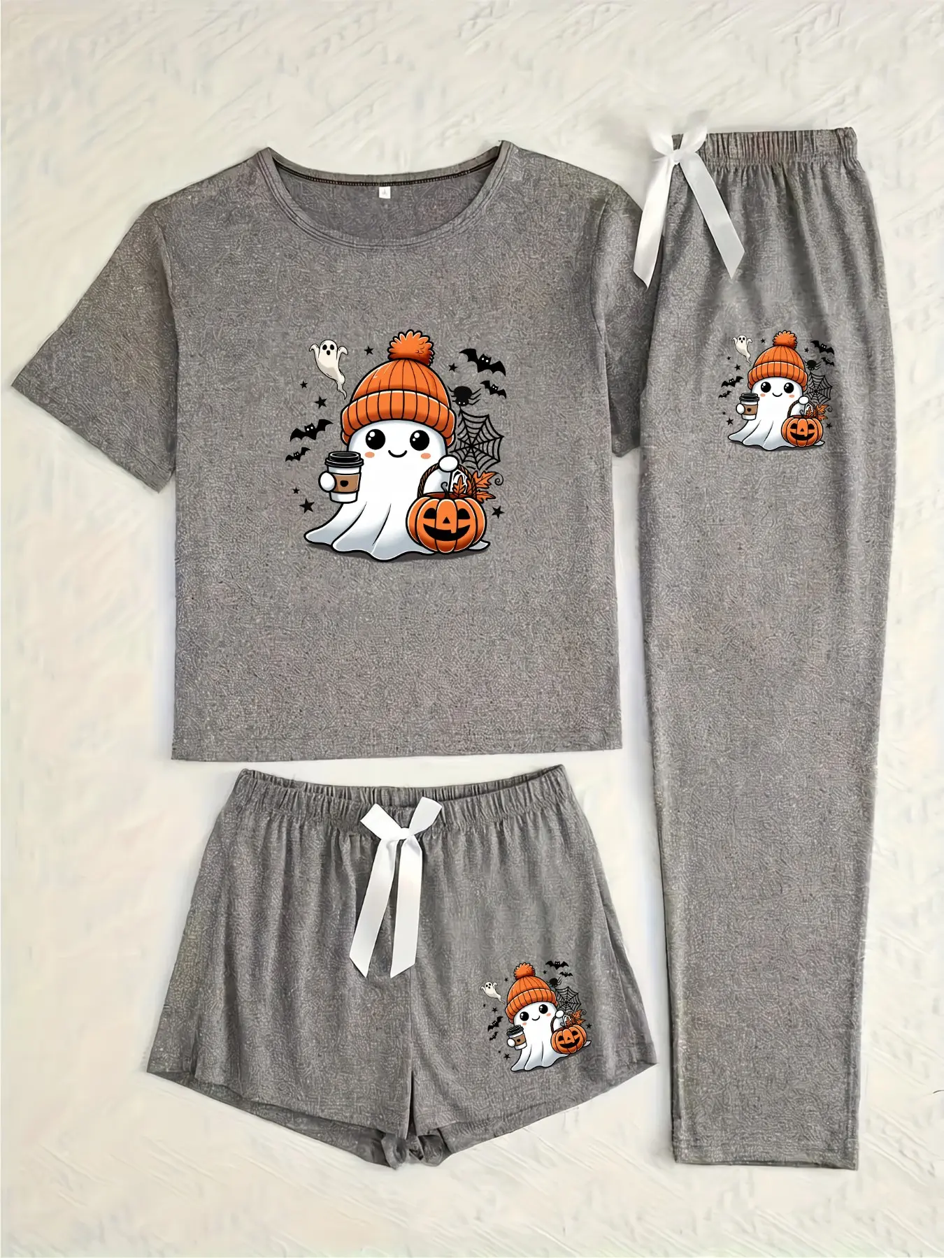 Women's Halloween Matching Pajama Set Pjs, Three-Piece Cartoon Pumpkin Ghost Print, Loose-Fitting Casual Sleepwear, All Seasons Comfort